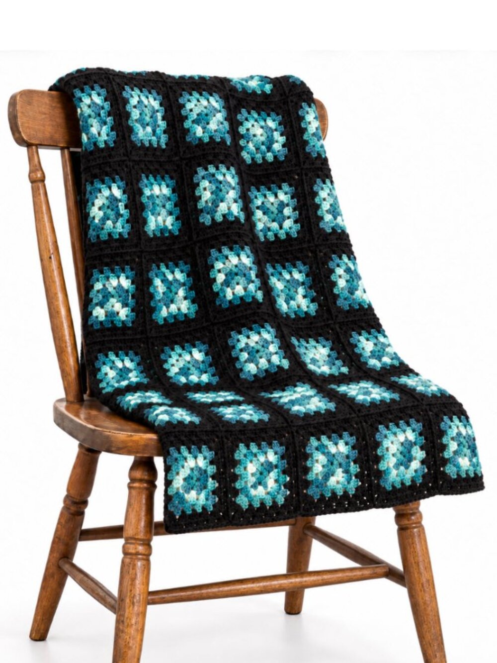 Handmade Granny Square Blanket Crochet Black Green 49x59 Throw Retro 80s Y2K